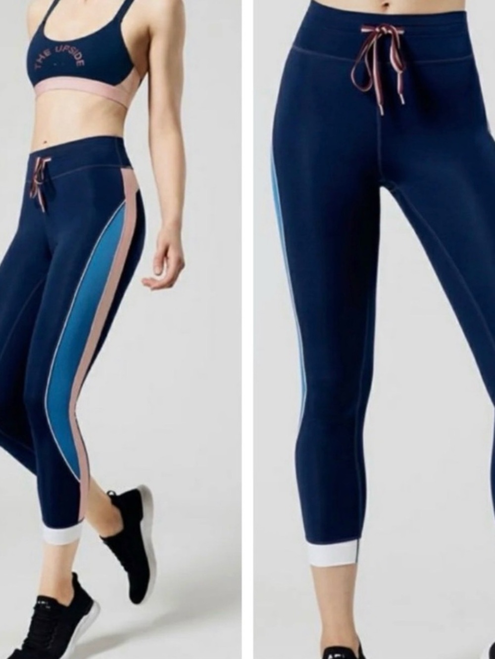 The Upside Navy Leggings with Pink Trim and White Drawstring